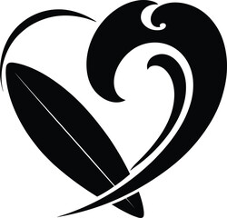 Black surfboard and wave heart graphic white