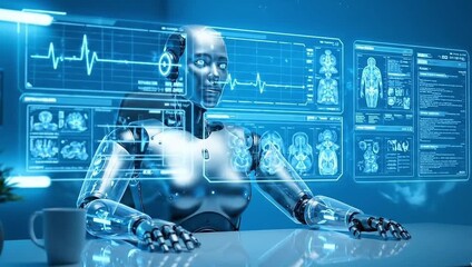 Advanced humanoid robot analyzing medical data on futuristic holographic displays in a modern laboratory setting - Powered by Adobe