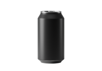 A seamless matte black 12 oz aluminum beverage can with a silver pull-tab, isolated on a transparent cyclorama under soft studio light and shallow dof concept for beverage advertising