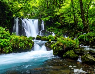 Tranquil cascade flows over rocks, surrounded by lush green foliage, reflecting on a clear, turquoise river. The scene is vibrant and peaceful
