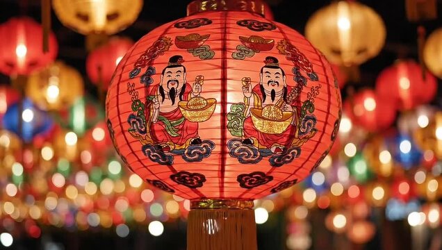 Traditional chinese red lantern with painted deities, illuminated at night amidst a bokeh of other festive lanterns