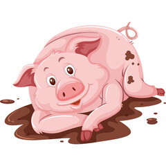 A Happy Pink Pig Lying in Mud on a Transparent Background