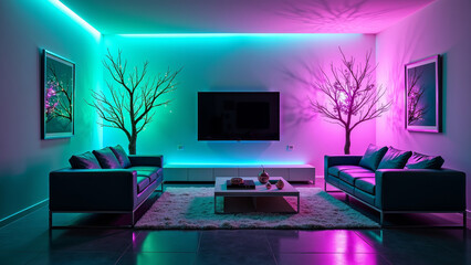 Futuristic living room with neon teal and violet holiday lights chrome furniture and metallic tree sculpture cinematic glow