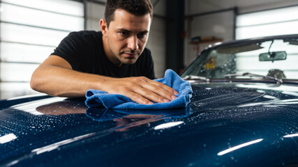 Man cleaning and polishing car with micro fiber cloth, detailed focus on blue vehicle hood. Restoration and maintenance service concept.