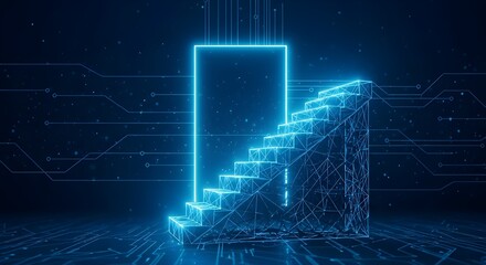 Futuristic neon blue glowing portal staircase leading to a bright digital gateway in a dark abstract technological environment