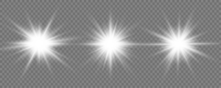 Neon white light streaks swirl dynamically with sparkling stars. Lens flare enhances the energetic glow. Perfect for futuristic or party artwork.