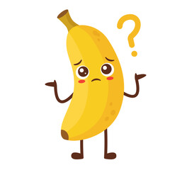Cartoon Banana Character Shrugging with Question Mark Flat Illustration