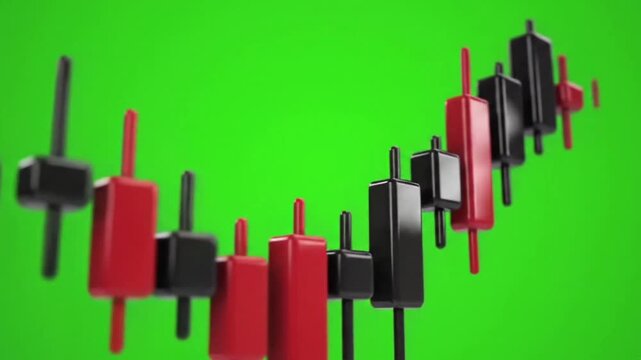 Animated 3D Candlestick Chart Displaying Market Trends on Green Screen Background.