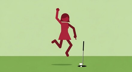 Joyful Golfer Celebrates HoleinOne Victory with Dynamic Pose on Textured Green Course.