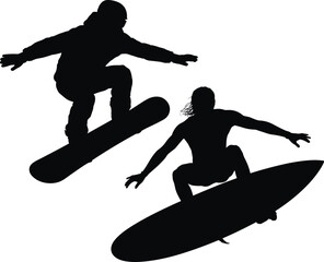 Snowboarder and Surfer Silhouettes in Dynamic Action