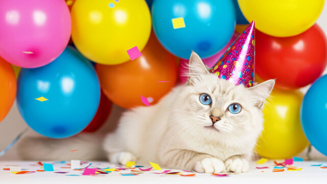 White cat wearing a festive party hat among colorful balloons and confetti. Pet birthday celebration or holiday greeting card design. - Powered by Adobe