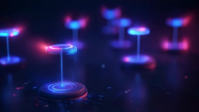 Abstract holographic data display on futuristic digital platform. Modern technology for secure cyber information transfer and protection concept.