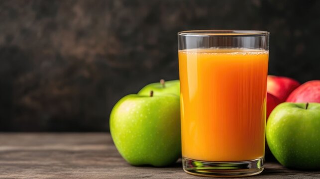 Freshly squeezed apple juice spilling into a glass with green and red apples arranged on a rustic wooden table in the background  The image conveys a healthy natural and homemade feel