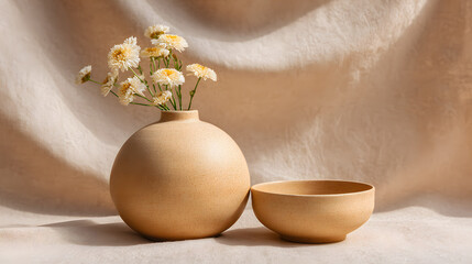 An elegant still life, featuring a vase of delicate flowers, and a matching bowl, against a soft, textured background. The scene exudes simplicity and tranquility.