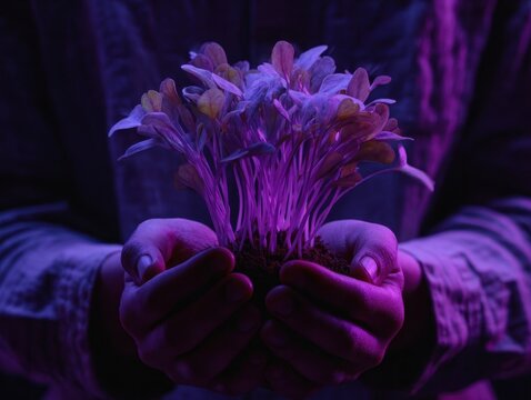 Two hands cupping a vibrant bunch of purple seedlings under artificial grow lights emphasizing hydroponics vertical farming controlled environment agriculture and scientific plant cultivation