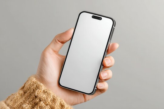 Person holding a cellphone with a blank screen above a wooden table surrounded by plants and a cappuccino