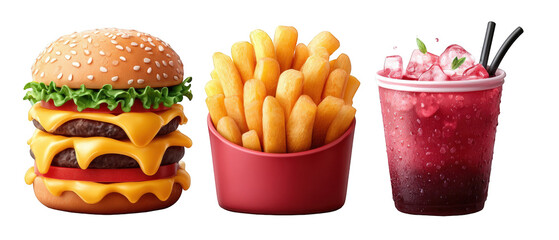 Delicious burger with fries and a refreshing drink on a transparent background, perfect for food advertising