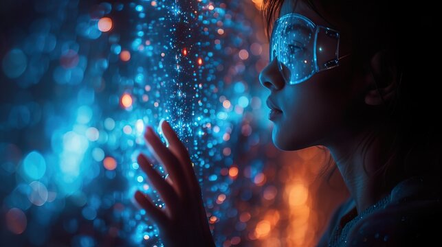 Woman interacting with futuristic holographic light interface wearing transparent tech glasses, generative ai