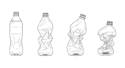 Four identical pet plastic bottles, full to flattened, shown in a horizontal black and white vector diagram on a transparent void. Concept of consumption and resource management