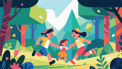 Illustration Of Children Playing In Nature With A Cheerful And Bright Atmosphere Vector Design Template