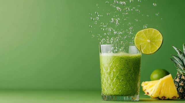 Close up of a refreshing tropical green juice bursting from a glass surrounded by fresh kale pineapple slices and lime wedges against a vibrant green background  The healthy