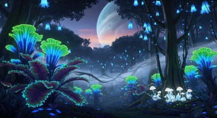 Enchanted Forest: Bioluminescent Flora and Celestial Giant, Fantasy Landscape
