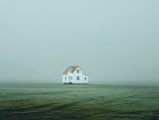 Solitary white house with a red roof stands amidst a vast, misty green field under an overcast sky creating a serene landscape