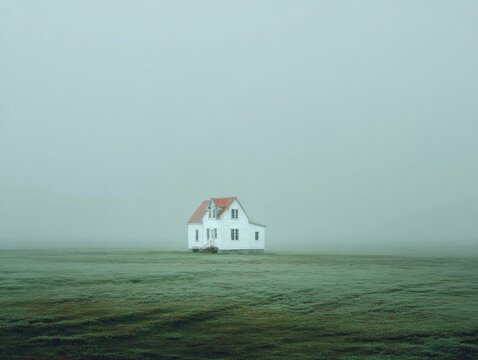 Solitary white house with a red roof stands amidst a vast, misty green field under an overcast sky creating a serene landscape