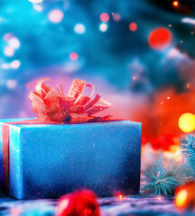 Blue Christmas gift box with red bow on festive background