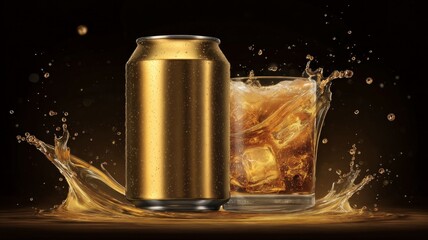 Sparkling beverage cans with splash in golden light. AI image