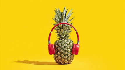 Pineapple wearing red headphones on bright yellow background concept of summer music fun and creative lifestyle