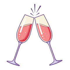 two elegant vector champagne flutes with rosé liquid clinking, highlighted by pale yellow dimension and sharp violet outlines on transparent. concept of festive joy