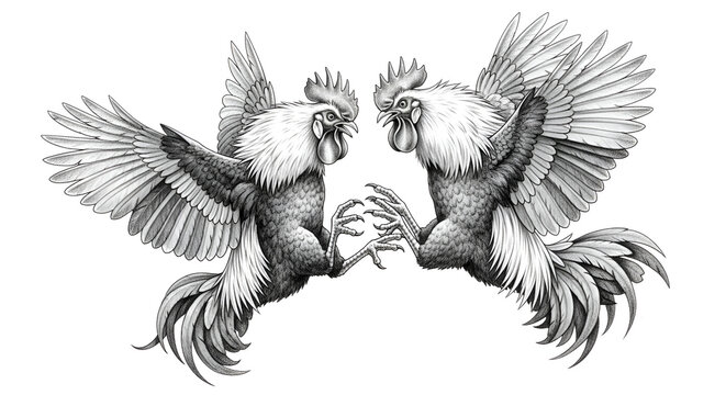 Black and white pencil sketch of two roosters fighting with dynamic motion and fine feather details on a plain white background.