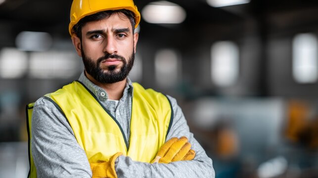 In a bustling construction workshop, a skilled worker stands confidently with crossed arms. Wearing a bright yellow vest and hard hat, he is focused on the task ahead