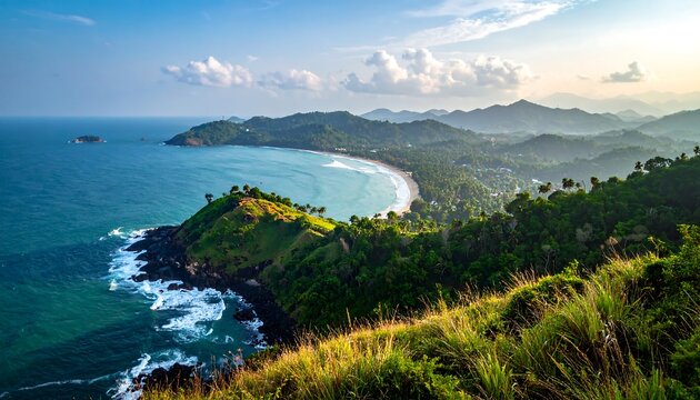 Tropical coastal vista with turquoise water, green hills, and cloudy sky under golden sunlight