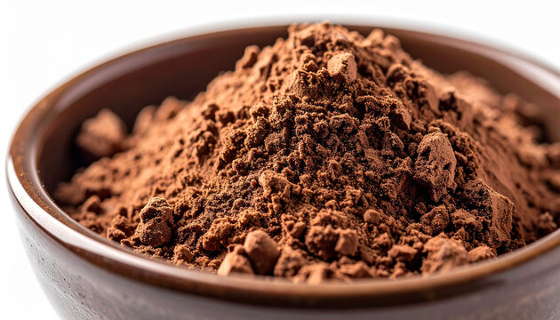 Chocolate flavored protein powder in bowl, rich brown color, fine texture, healthy and tasty