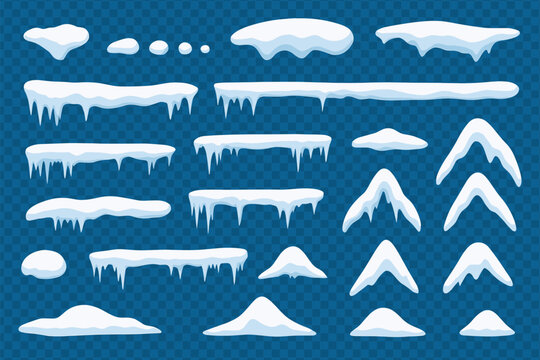 Winter Snow and Icicles Platform Elements Set &ndash; Cartoon Frozen Ice Caps, Game Assets, Snow Drifts, Frosty Overlays, Editable Vector Clipart Collection
