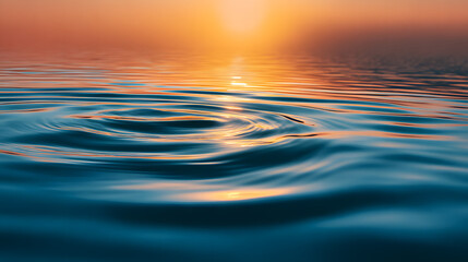 Captivating shot of water ripples during the sunset, creating a mesmerizing pattern. The sun's reflection shimmers on the water's surface, painting the scene with warm hues