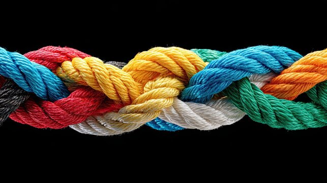 Colorful twisted rope showing unity connection and strength of different bright fibers on black background