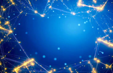 Abstract golden glowing lines on blue background. Global internet connection. 