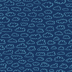 Celestial pattern with hand drawn doodle cloud outlines on dark blue background  for night themed nursery and sleepwear