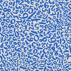 Fototapeta premium Dense educational pattern with cobalt blue multidirectional numbers on white background for classroom decor and presentations