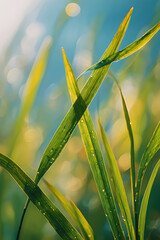 Focus on the elegant and graceful blades of green grass, basking in the sun's gentle touch, with water droplets adding a touch of natural beauty