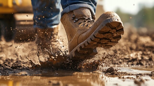 Close-up of work boots stepping through muddy puddle