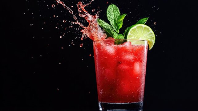 Vibrant and refreshing watermelon and lime juice splashing from a glass with fresh lime wedges and mint leaves around it creating a lively and invigorating summer drink or cocktail backdrop