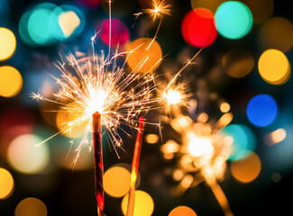 Close-up sparklers against colourful festive bokeh. New Year celebration.