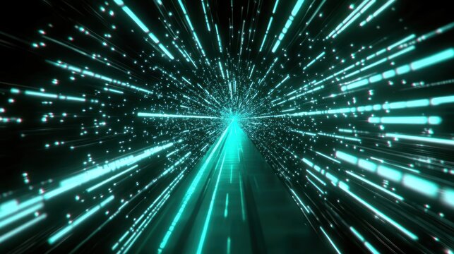 Hyperspace tunnel with teal lines and particles