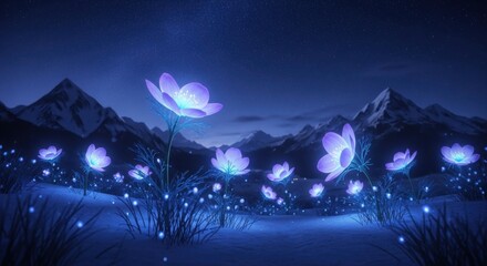 Enchanting bioluminescent flowers illuminate a mystical mountain landscape at night