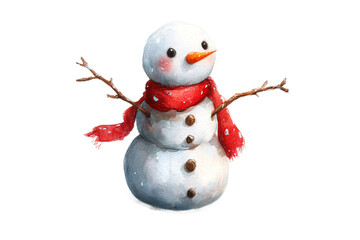 Charming watercolor snowman with red scarf and twig arms, perfect for festive holiday designs