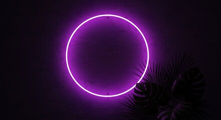 A vibrant purple neon circle glows against a dark, textured wall, with a hint of tropical foliage adding a touch of mystery and elegance to the scene